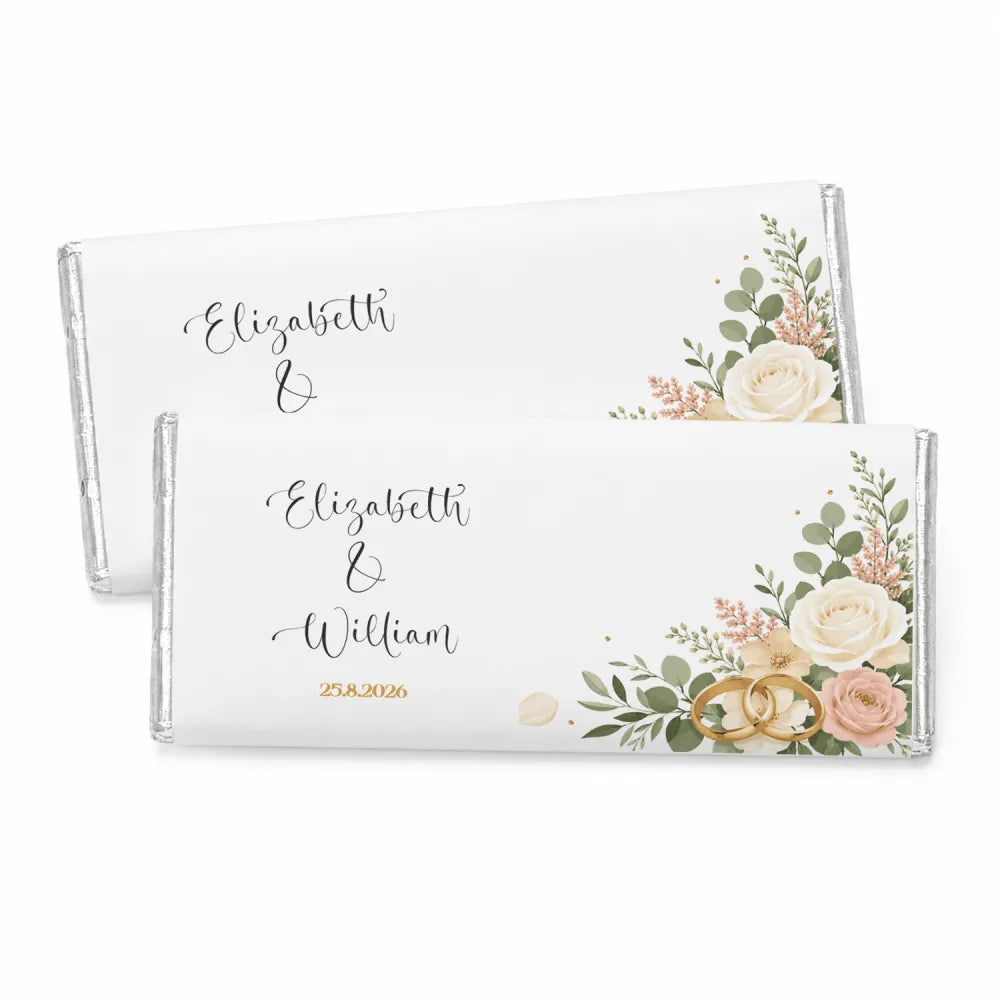 Personalised 40g white chocolate bar with blush rose floral design cream hues gold wedding rings and elegant names