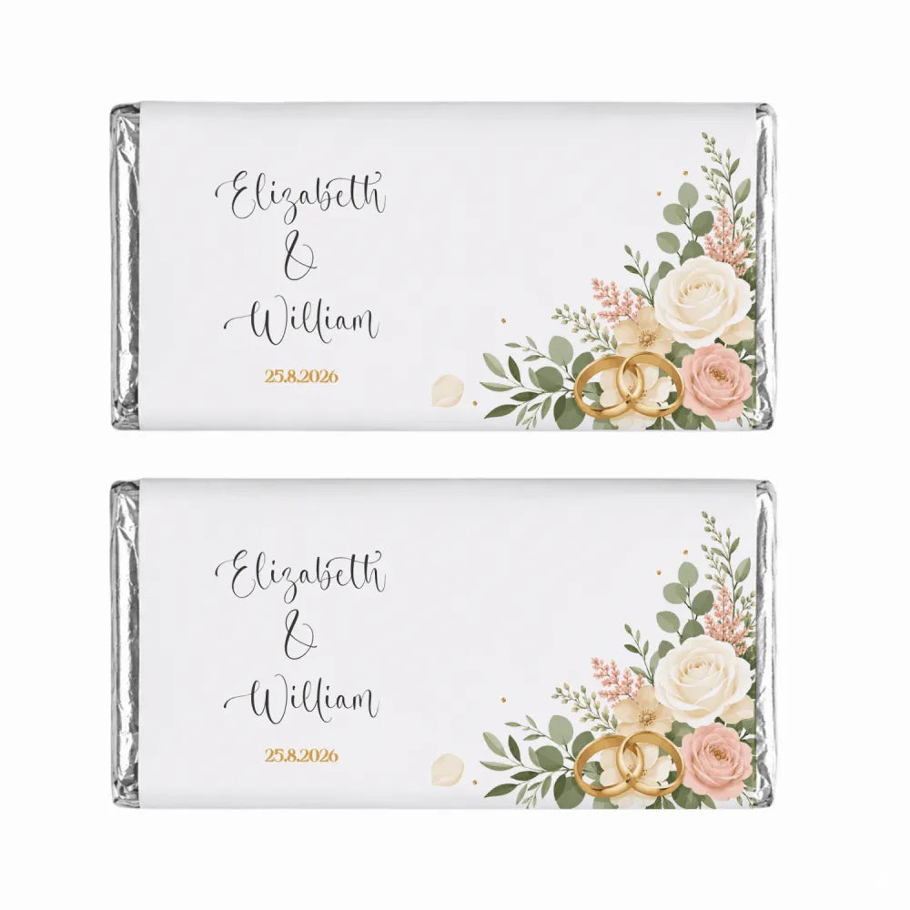 White wedding-themed personalised 40g chocolate bar with blush rose floral design and gold foil edges for keepsake gift