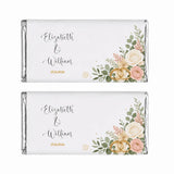 White wedding-themed personalised 40g chocolate bar with blush rose floral design and gold foil edges for keepsake gift