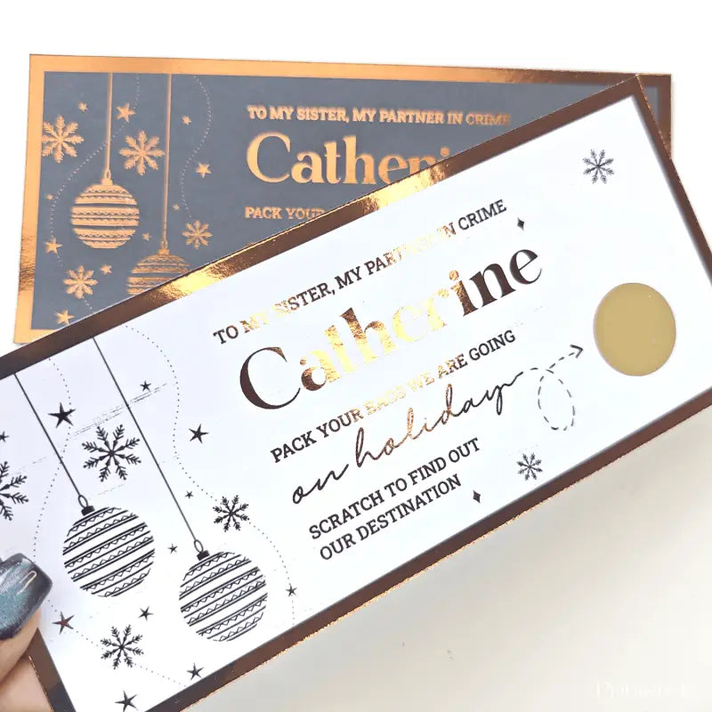 Personalized scratch-off card with festive design and text
