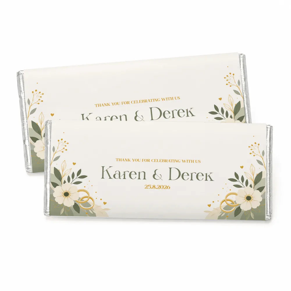 Elegant white chocolate bar wrapped in foil with floral and gold ring design personalised 40g chocolate bar for wedding