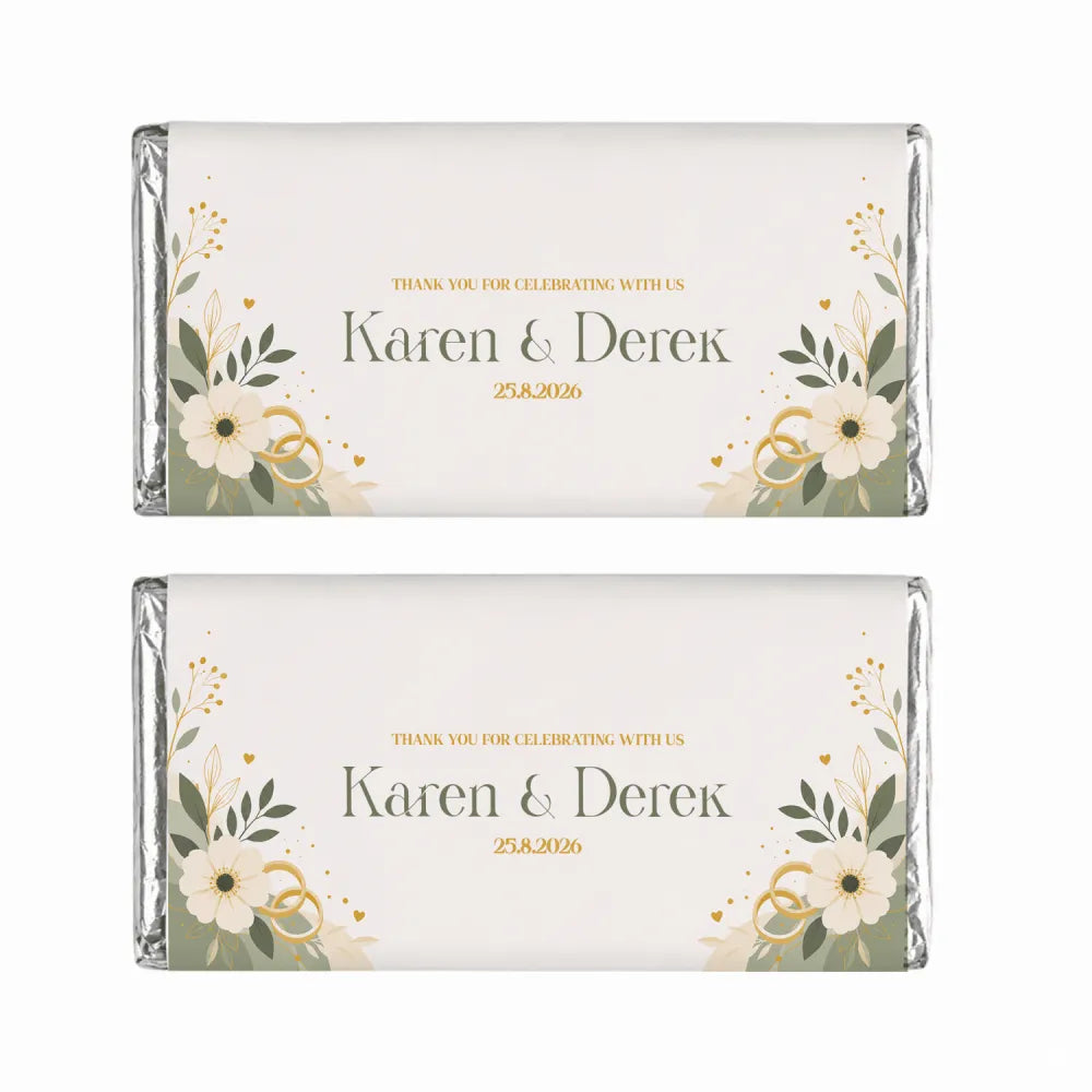 Two personalised 40g chocolate bars wrapped in silver foil with cream and gold floral labels for karen and dereks wedding