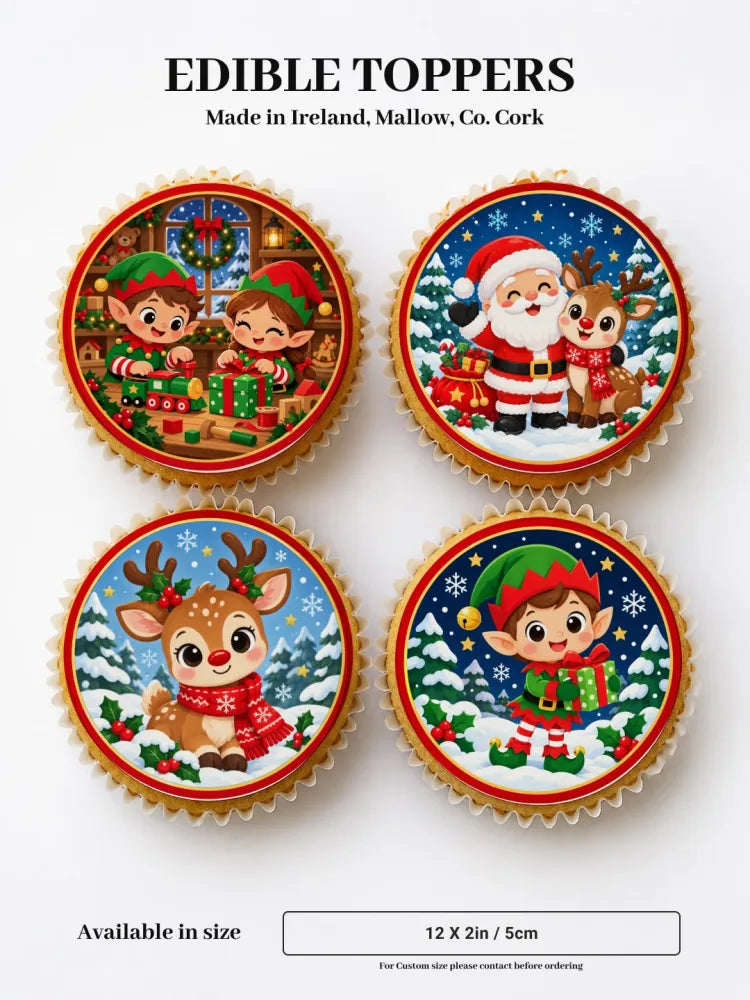 Christmas-themed santa and friends cupcake toppers with colorful icing sheet featuring elves santa and reindeer for standard cupcakes