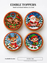 Christmas-themed santa and friends cupcake toppers with colorful icing sheet featuring elves santa and reindeer for standard cupcakes