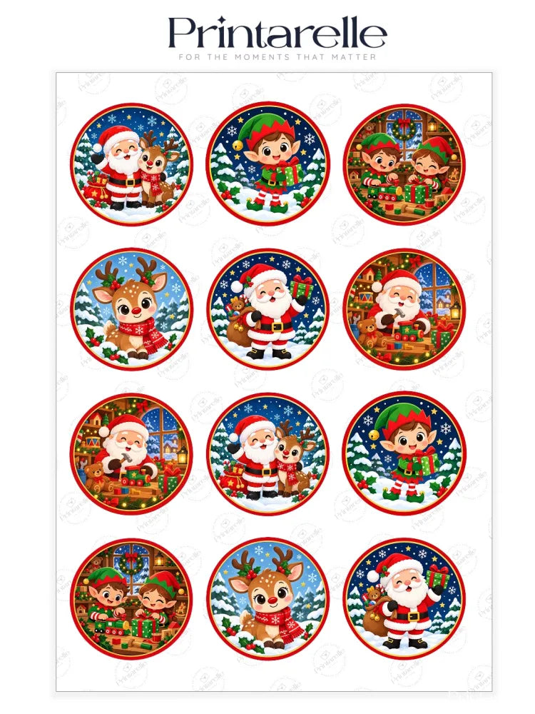 Christmas-themed santa and friends cupcake toppers featuring red green and white icing sheet stickers for standard cupcakes