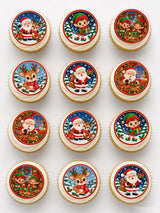 Santa and friends cupcake toppers with festive santa reindeer and elves on red bordered icing sheets for standard cupcakes
