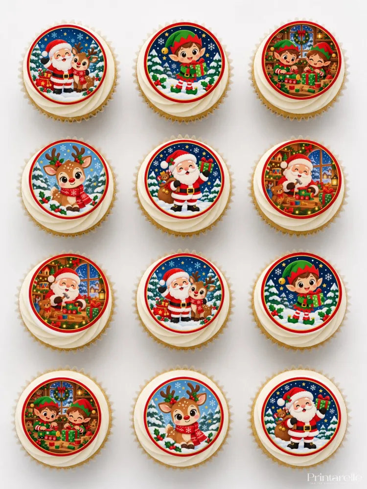 Santa and friends cupcake toppers with festive santa reindeer and elves on red bordered icing sheets for standard cupcakes