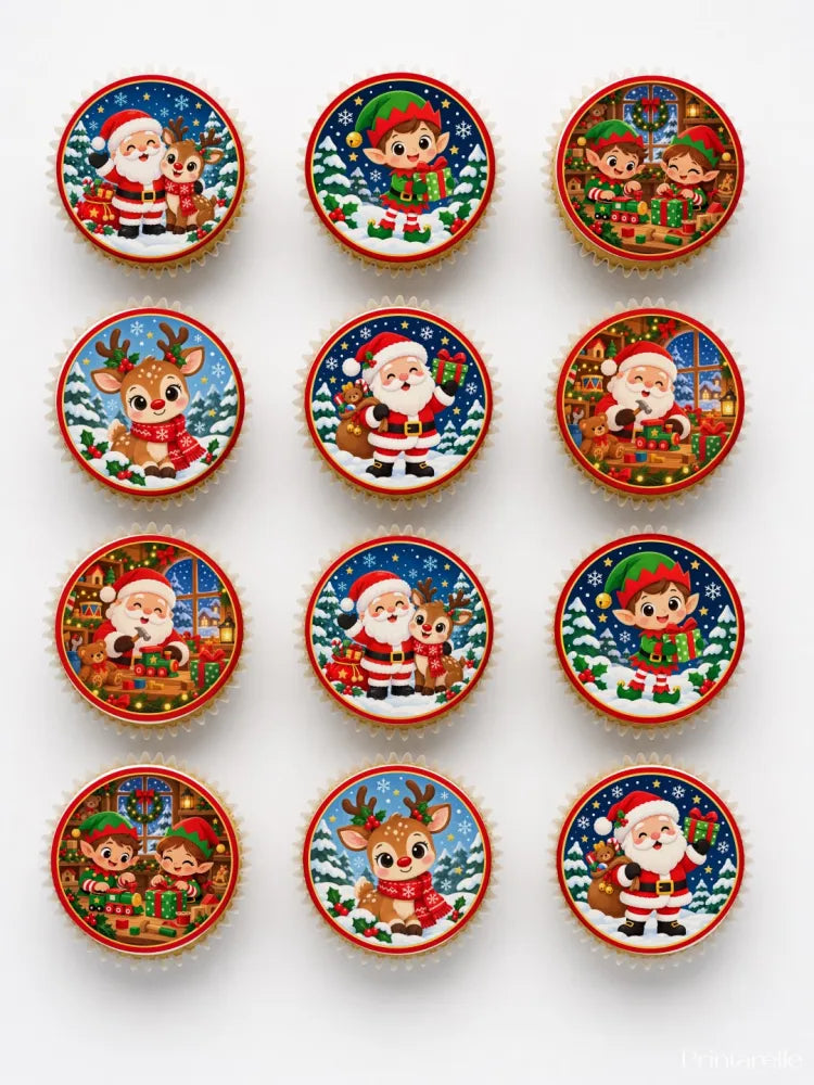 Christmas-themed santa and friends cupcake toppers on glossy icing sheet for standard cupcake decoration