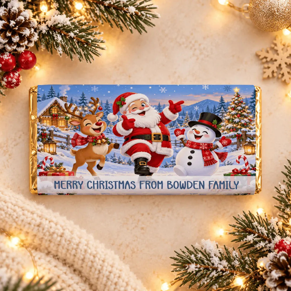 A festive gold foil chocolate bar wrap featuring santa claus reindeer and snowman for family christmas fun