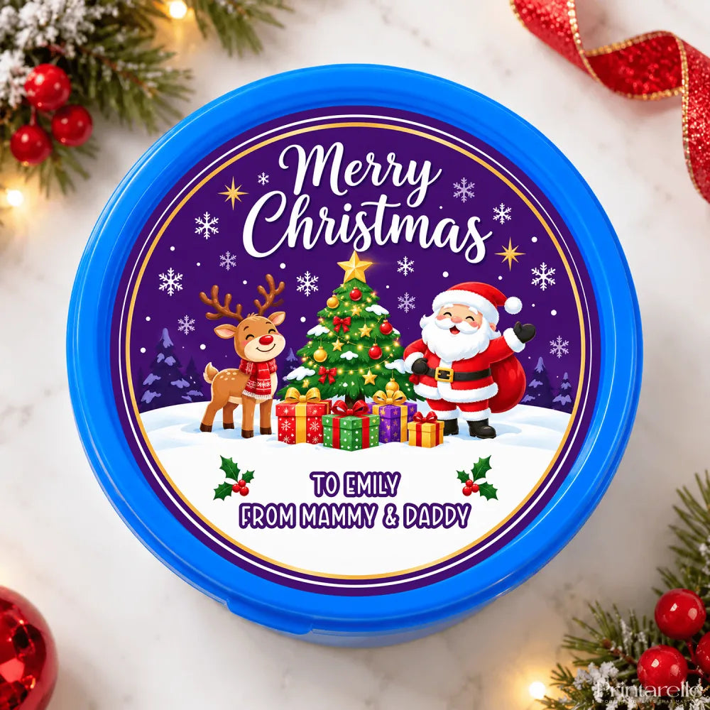 Blue plastic christmas tub with santa waves and reindeer tub sticker featuring santa and decorated tree label