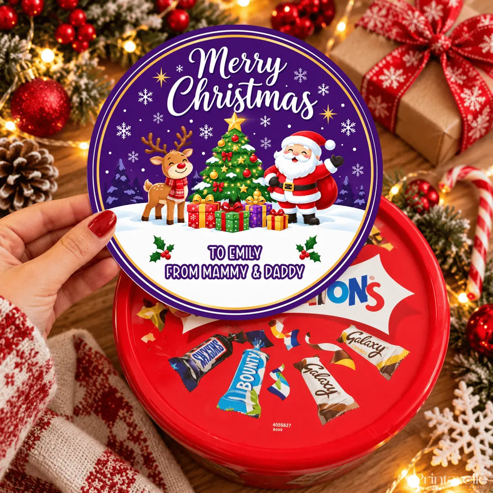 Red circular tin with santa waves and reindeer tub sticker festive christmas lid on purple background