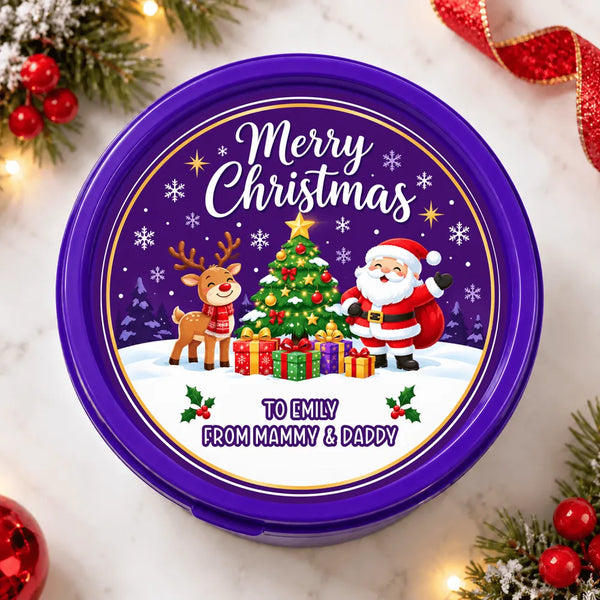 Purple circular christmas tub sticker with santa waves reindeer tub sticker and decorated tree festive label