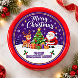 Red circular christmas tub sticker with santa waves, reindeer tub sticker, and decorated tree label for gifting