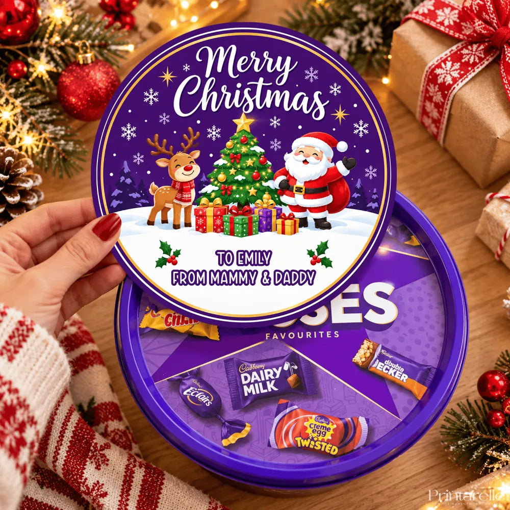 Purple circular chocolate tin with santa waves festive design featuring santa and reindeer tub sticker label