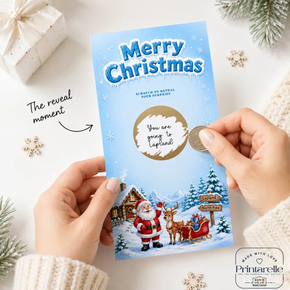 Blue christmas scratch card with santa reindeer sleigh and snowy scene featuring gold scratch sticker by printarelle