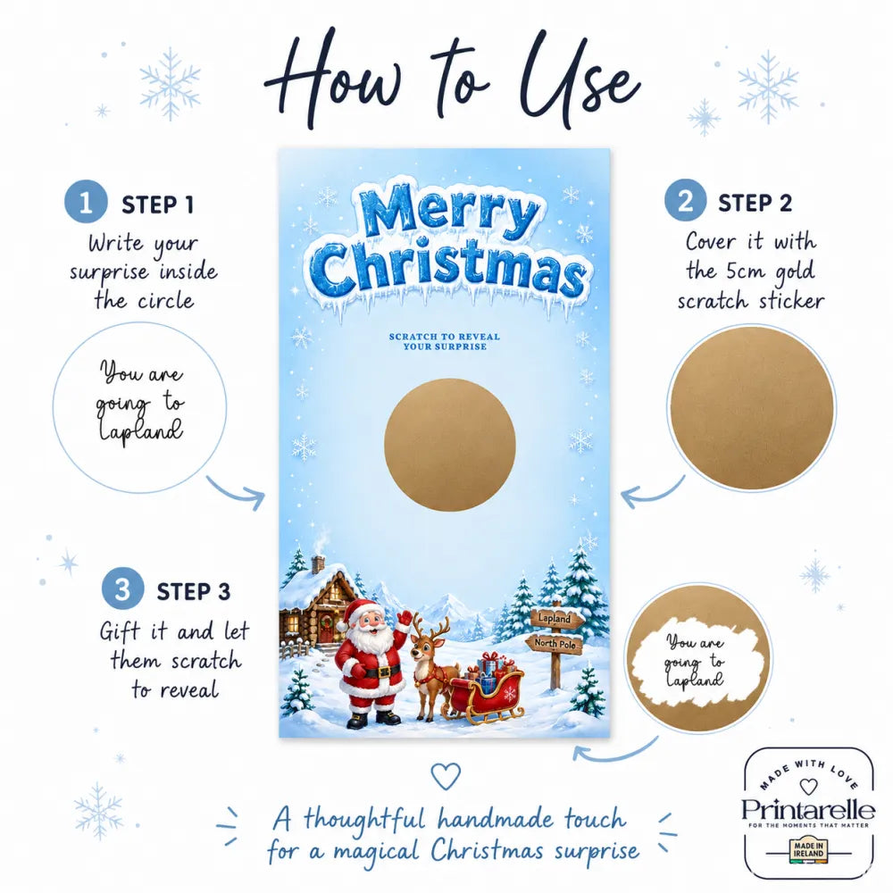 Blue merry christmas scratch card with santa, reindeer, sleigh, and gold scratch sticker for christmas scratch fun