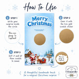 Blue merry christmas scratch card with santa, reindeer, sleigh, and gold scratch sticker for christmas scratch fun