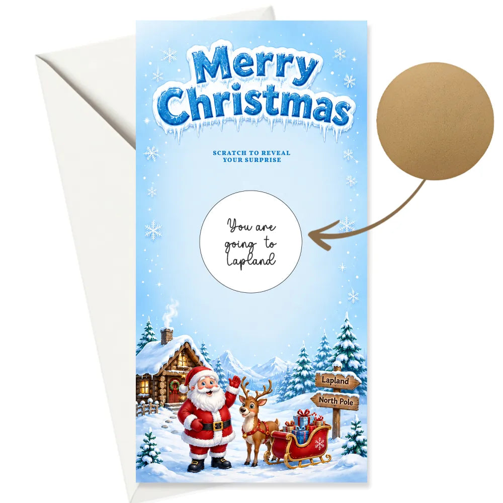 Blue santa christmas scratch card with gold scratch sticker featuring santa reindeer and sleigh in snowy scene