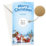 Blue santa christmas scratch card with gold scratch sticker featuring santa reindeer and sleigh in snowy scene