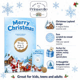 Blue christmas scratch card featuring santa reindeer sleigh with gold scratch sticker and snowy icicle details