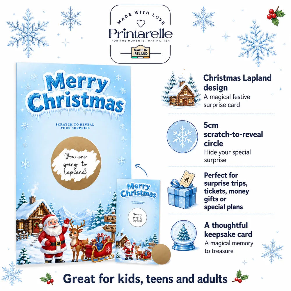 Blue christmas scratch card featuring santa reindeer sleigh with gold scratch sticker and snowy icicle details