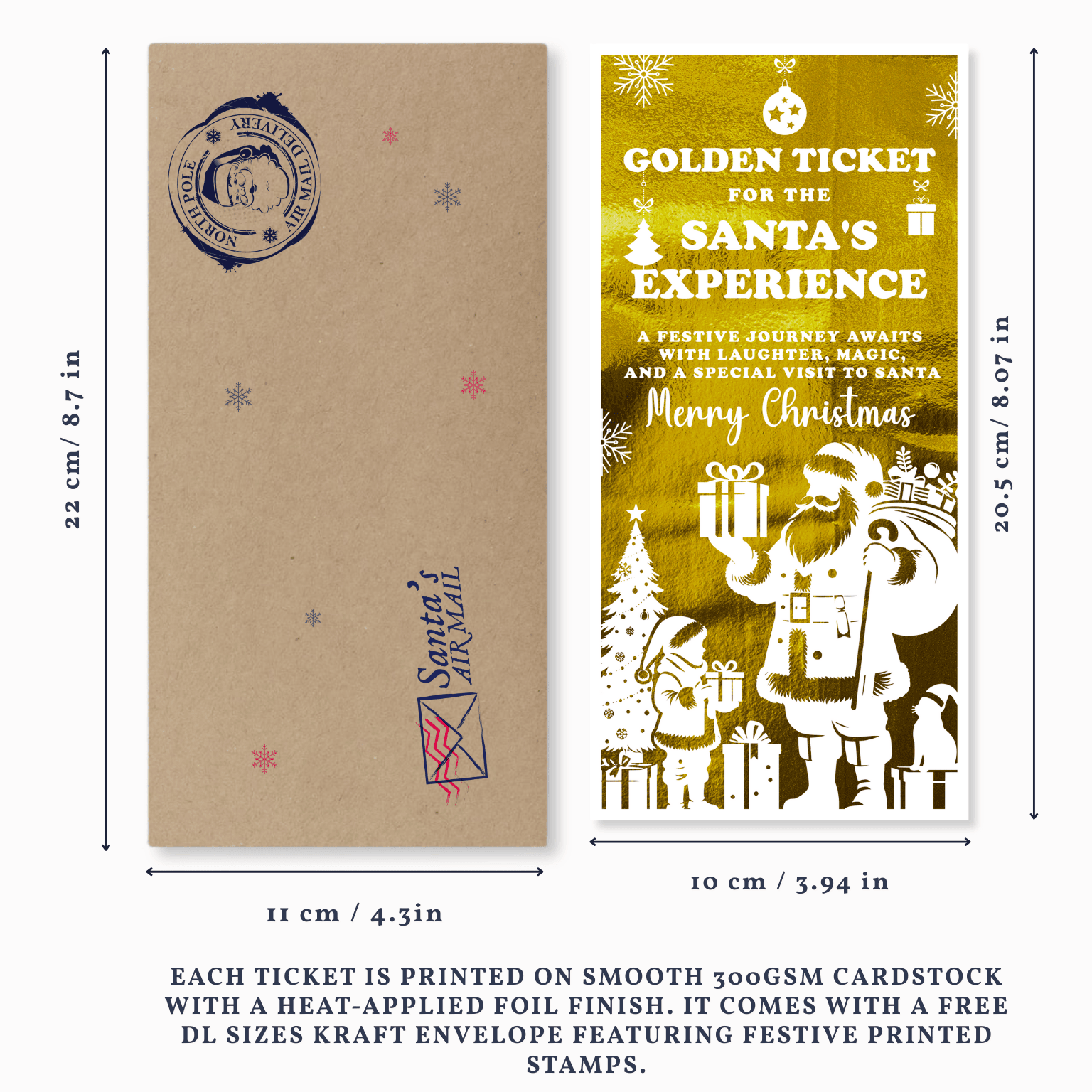 Christmas ticket and envelope with dimensions and Santa Claus illustration