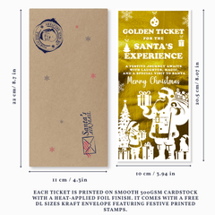 Christmas ticket and envelope with dimensions and Santa Claus illustration