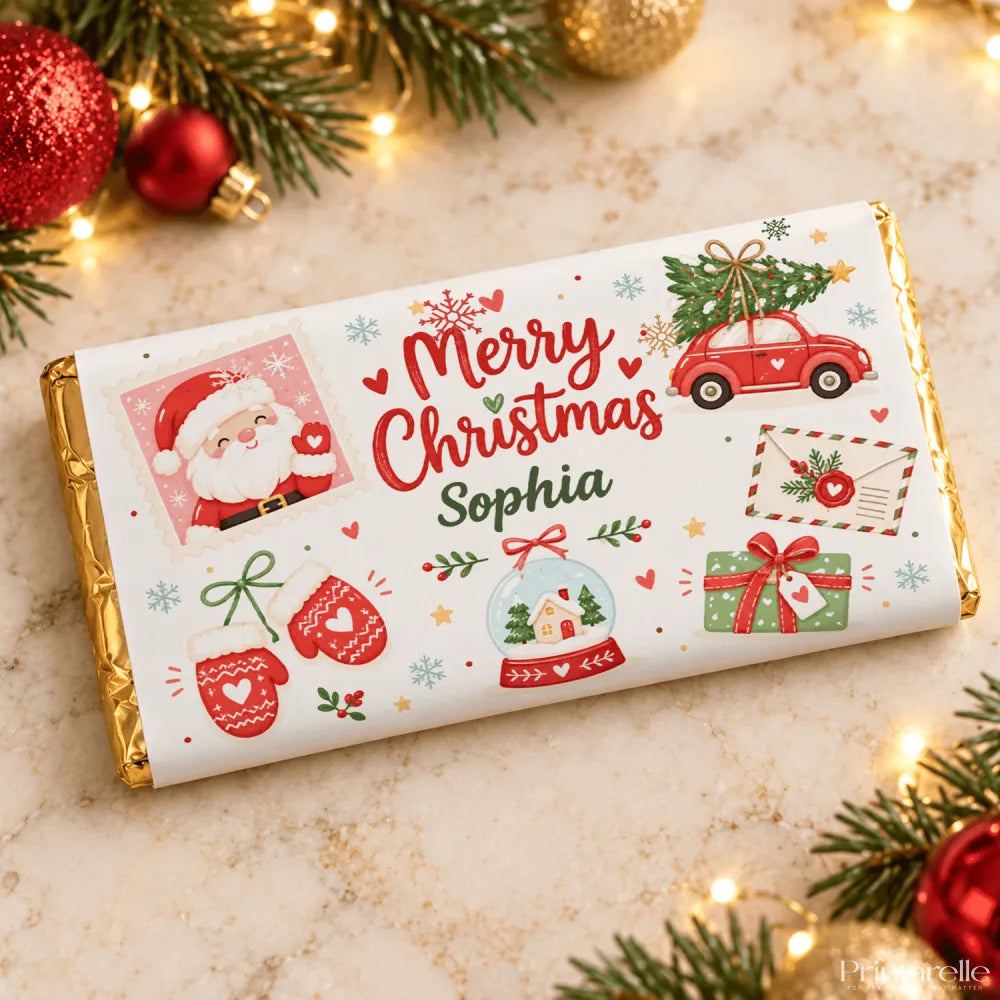 A personalized white chocolate bar wrapper with festive red green and gold christmas illustrations and a waving santa stamp