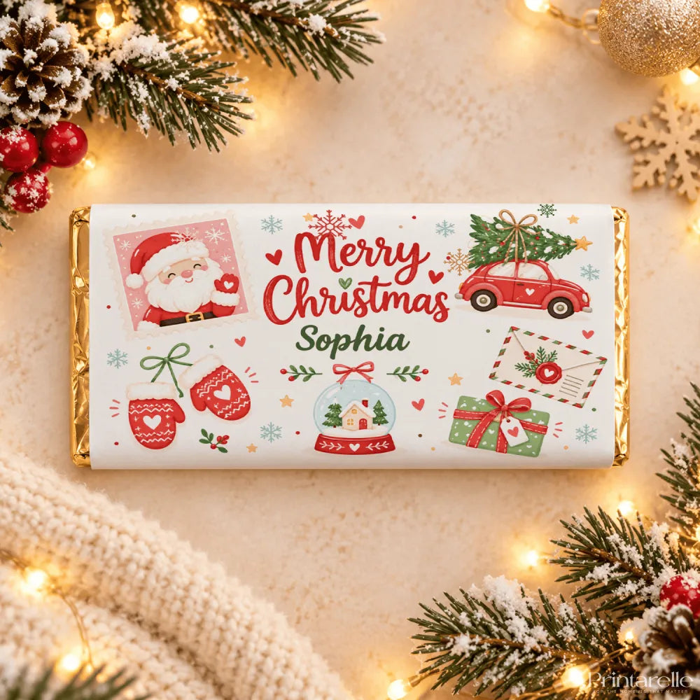 A personalized white chocolate bar with festive red green and gold waving santa stamp holiday illustrations