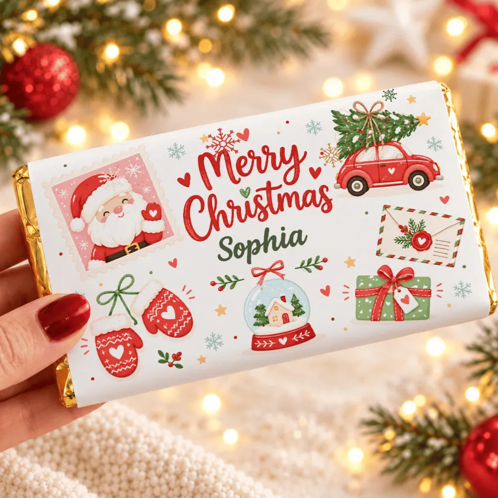 A personalized white chocolate bar wrap with a waving santa stamp and festive red green gold christmas illustrations