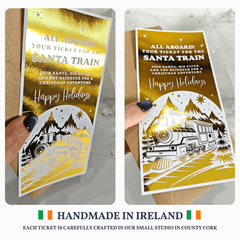 Two Christmas-themed tickets for the Santa Train, held by a hand, with 'Handmade in Ireland' text at the bottom.