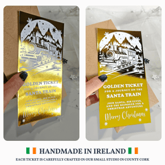 Gold and silver Christmas ticket with train design held by a hand, set against a white background.