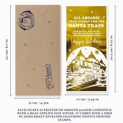 Christmas ticket with Santa Train design and kraft envelope, showing dimensions.