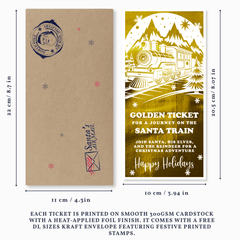 Christmas-themed ticket with train illustration and dimensions on a white background