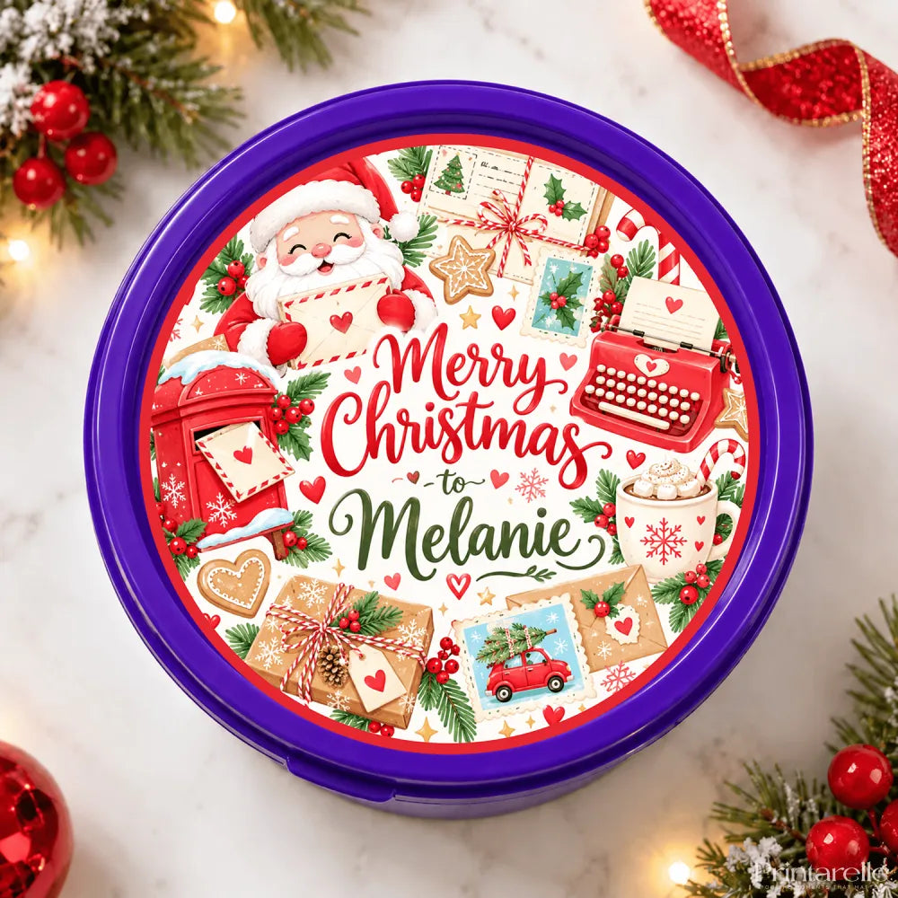 Purple circular cookie tin with festive santa and christmas gifts design and merry christmas to melanie message