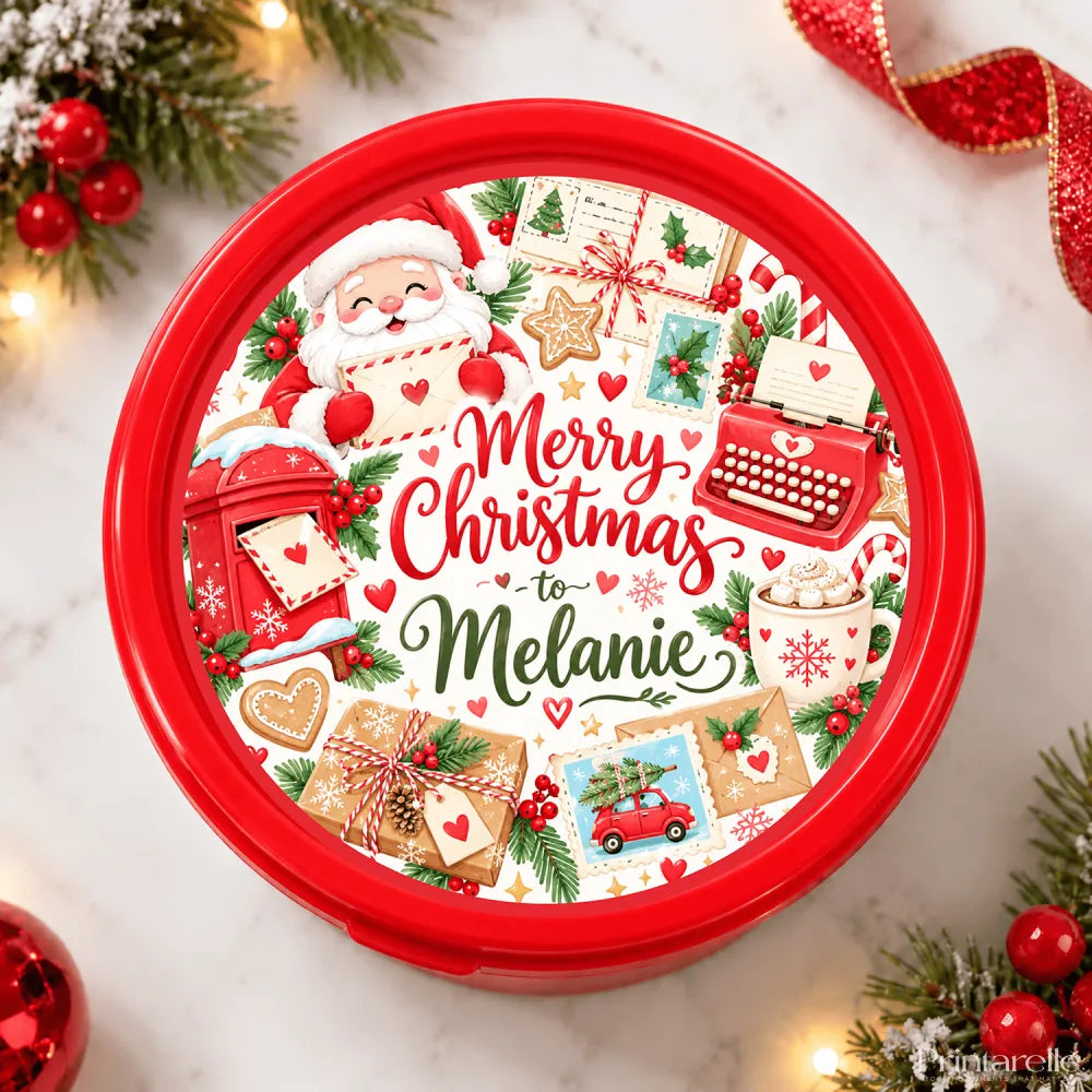 Red circular cookie jar with santa christmas gifts design and merry christmas to melanie perfect for hot chocolate treats