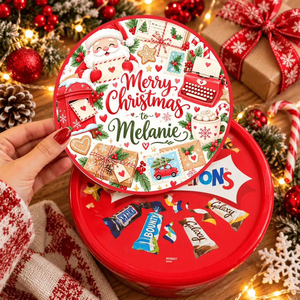 Red circular tin with festive santa candy cane design and personalized merry christmas message for melanie ideal for christmas gifts