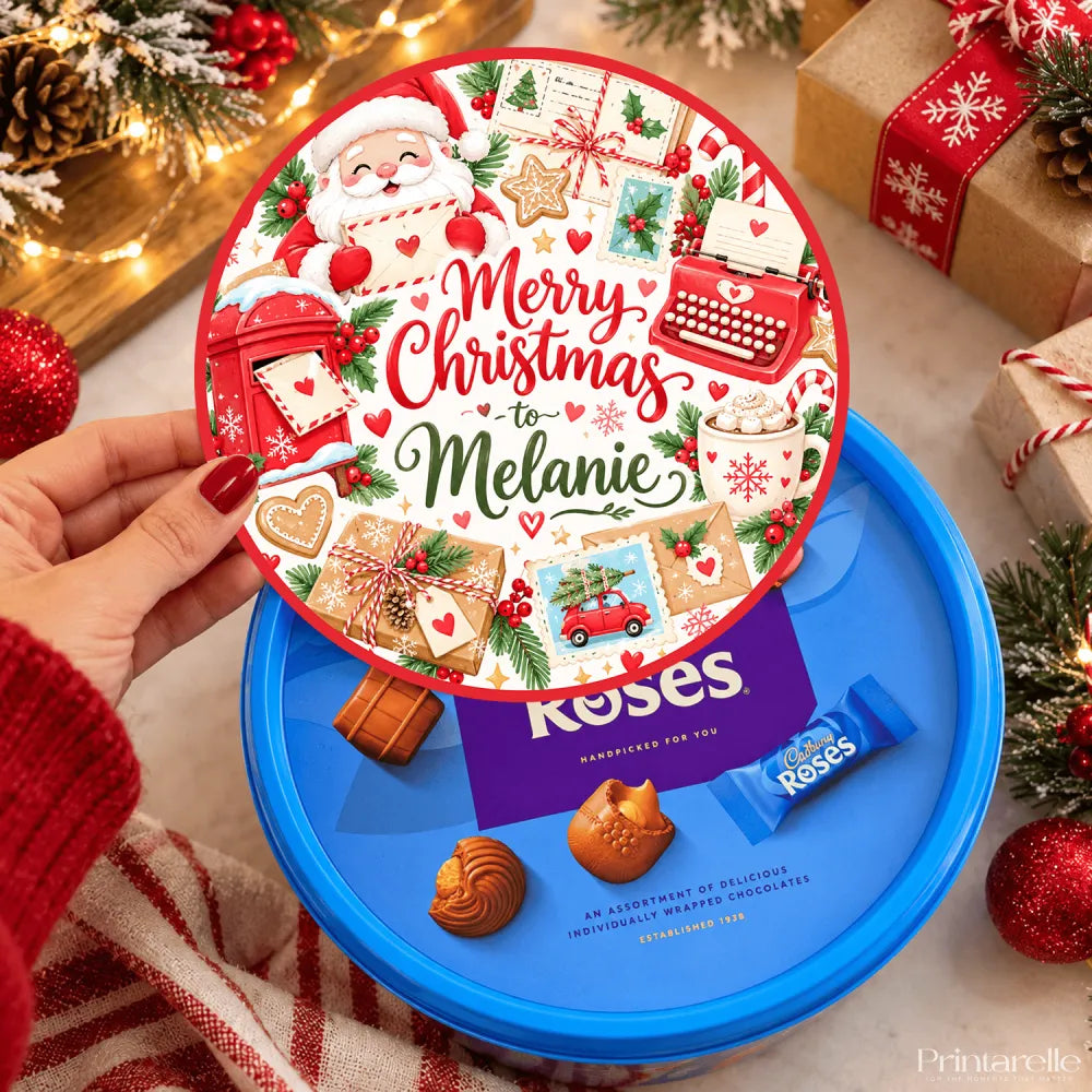 A festive red circular lid for cadbury roses tin with santa claus and snowflakes perfect for merry christmas gifts