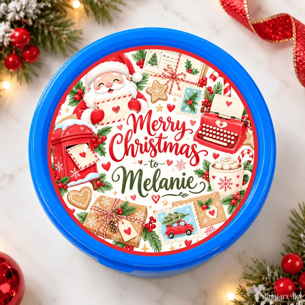 Blue plastic christmas cookie jar with colorful santa lid and merry christmas to melanie message for christmas gifts