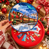 Personalized red and blue circular tub sticker featuring festive steam train loaded with santa claus and merry christmas label laura
