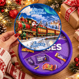 Personalized purple chocolate tin with festive steam train loaded design and laura name tub sticker for christmas