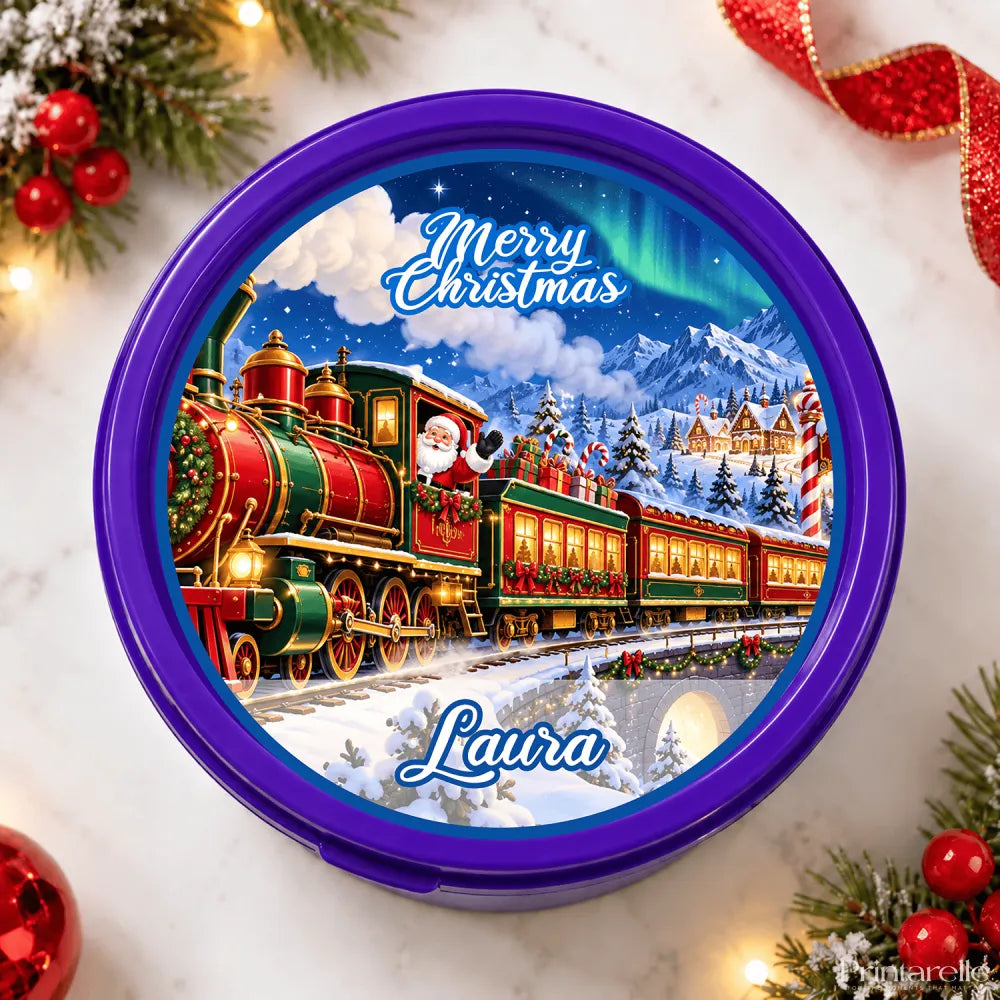 Purple circular christmas-themed cookie jar with festive steam train loaded design and personalized laura tub sticker on lid