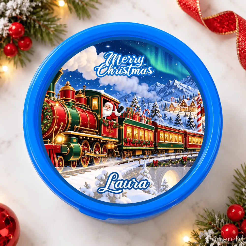 Blue circular christmas-themed tub sticker featuring a steam train loaded with santa and aurora borealis backdrop