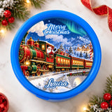 Blue circular christmas-themed tub sticker featuring a steam train loaded with santa and aurora borealis backdrop