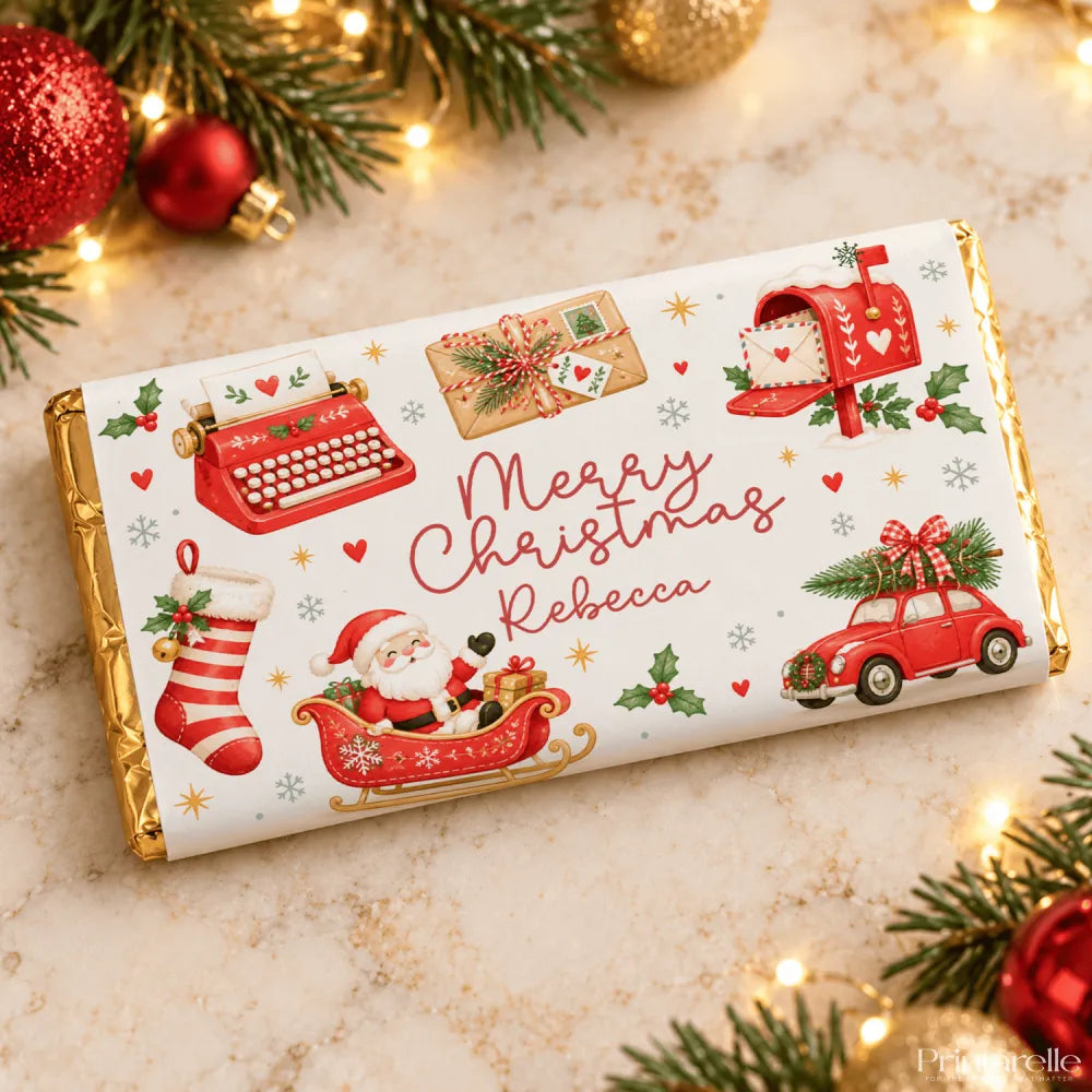 A festive red and white milk chocolate bar with retro typewriter design wrapped in gold foil for christmas fun