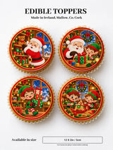 Christmas cupcake toppers from santa’s workshop icing sheet featuring festive red green and gold santa and elf designs