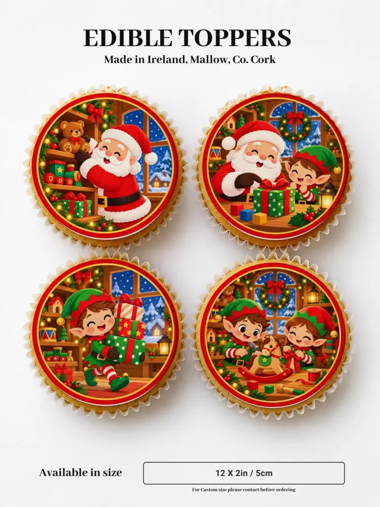 Christmas cupcake toppers from santa’s workshop icing sheet featuring festive red green and gold santa and elf designs