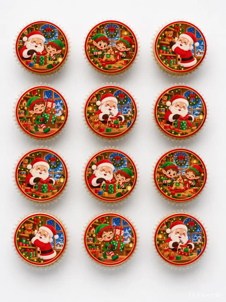 Round festive santa’s workshop cupcake toppers with elves in red and green on icing sheet holiday lights background
