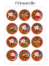 Circular santa’s workshop cupcake toppers with santa and elves on festive red green and gold icing sheet designs