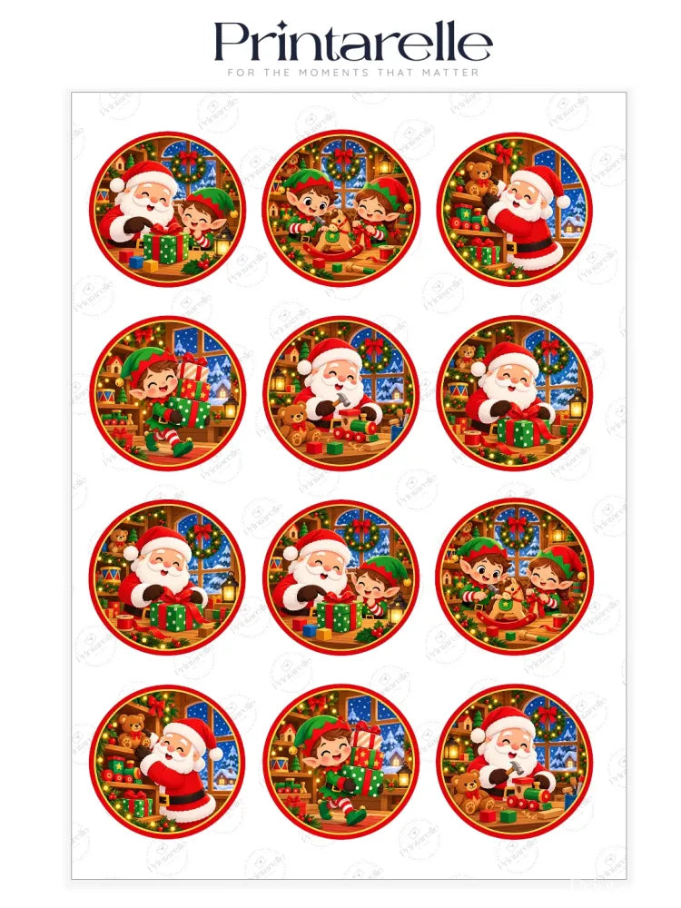 Circular santa’s workshop cupcake toppers with santa and elves on festive red green and gold icing sheet designs